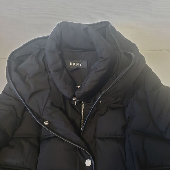 DKNY Winter Puffer Coat Black Hooded Large Knee Length Double Pockets Bib Front - Picture 10 of 15